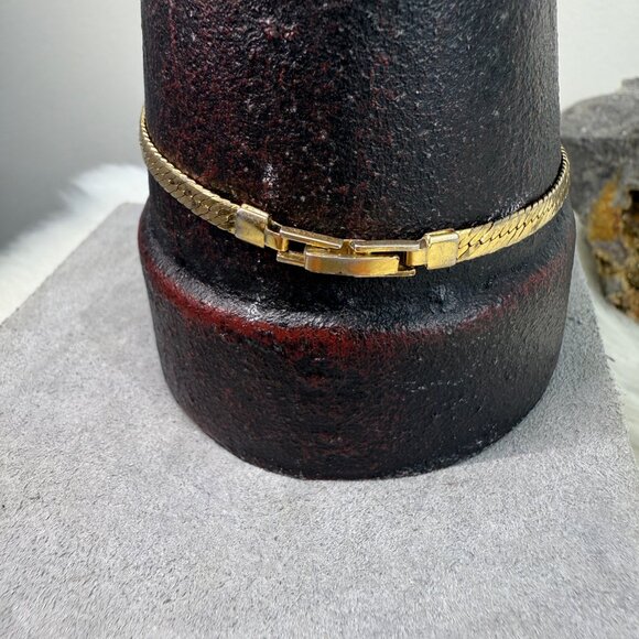 Vintage Gold Tone Flat Herringbone Chain Bracelet 7" - Picture 3 of 7